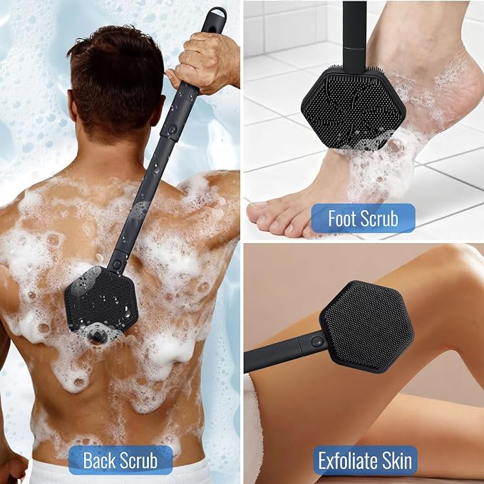 AIMAIAIMAI Silicone Back Scrubber for Shower – 21in Extendable Shower Brush with Long Handle – Dual-Sided Back Brush with Non-Slip Grip, Gentle Cleansing & Exfoliation for Men, Women, Elderly (Black)