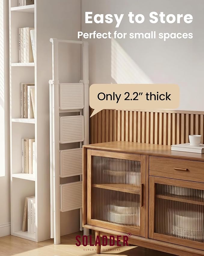 SOLADDER 4 Step Ladder with Handrails, Anti-Slip and Foldable Step Stool with Widen Pedals, Portable Stepladders for Home, Kitchen and Indoor, Space Saving -300lbs (White)