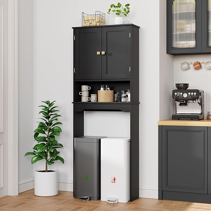 RRX Bathroom Over The Toilet Storage Cabinet, Above Toilet Cabinets Organizer, 24.8" L x 9.1 "W x 65.7 "H Free Standing Toilet Rack with Adjustable Shelf and Open Storage(Black)