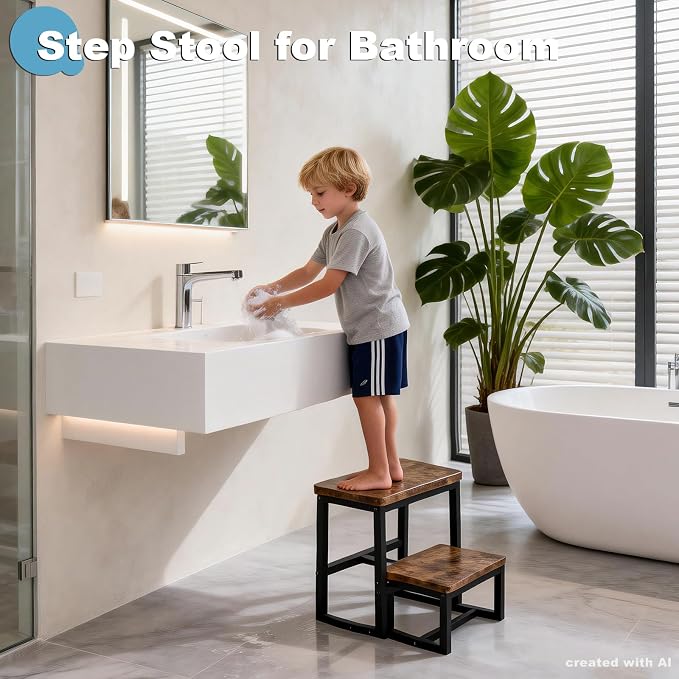 2 Step Stool for Adults Wooden Step Stool with 500 Lbs Capacity, 3 in 1 Heavy Duty Sturdy Stepping Stools Bedside Foot Stool for Kichen/Bathroom/Bedroom High beds, Non-Slip Pads