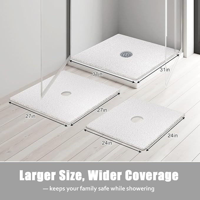Square Shower Mat Non Slip: 24x24 Inch Shower Floor Mat with Drain Hole in Middle, Super Soft and Comfortable PVC Loofah Massage Bath Mat for Shower, Anti Slip Shower Stall Mat, Quick Drying