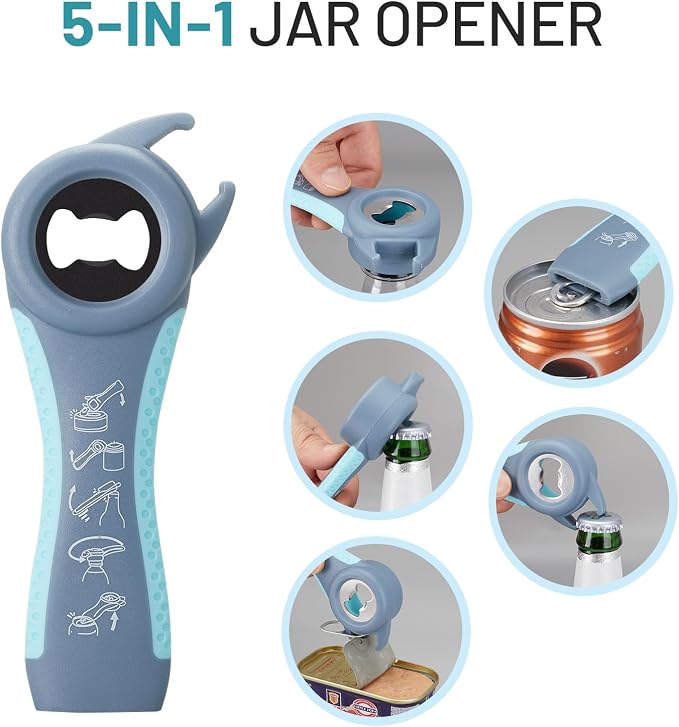 Jar Bottle Opener for Weak Hands,4 &5 in 1 Multi Function Non-Slip Can Lid Opener Tools with Silicone Jar Gripper Pad,Suitable for Seniors,Children and Arthritic Hands (Light Blue)