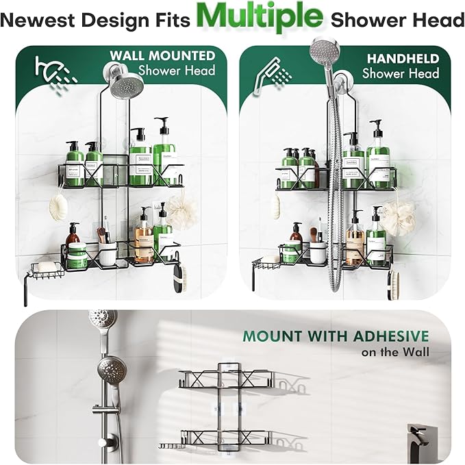Sewulidon Stainless Steel Hanging Shower Caddy for Handheld Shower Heads,Adjustable Height Extra Long Bathroom Shower Organizer Hanger Rack with Hooks,Soap Holder