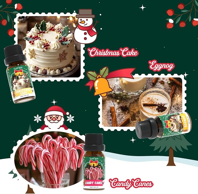 Soulorigin Christmas Essential Oils Set, Fragrance Oil Set for Diffuser, Scent Diffuser Oil for Candle Making-Christmas Cake, Eggnog, Candy Canes, Gingerbread, Mistletoe, Christmas Pudding