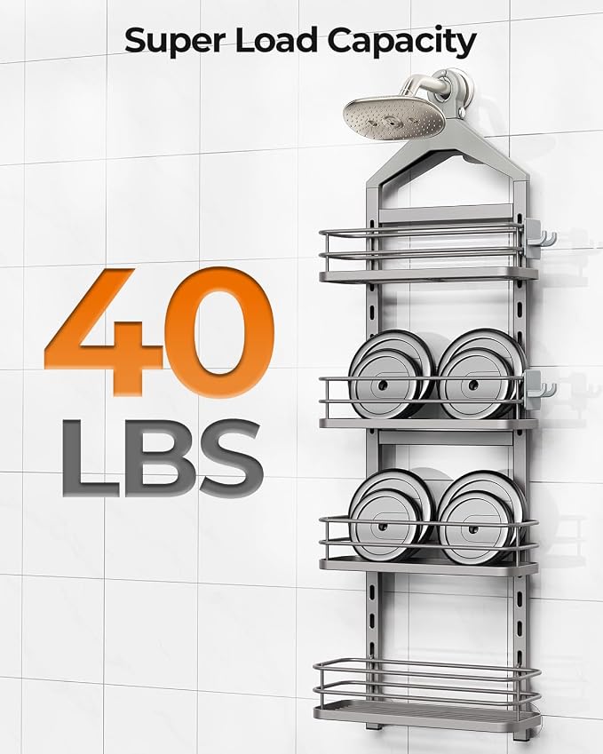 ODesign 4 Tier Height-Adjustable Shower Caddy Hanging Anti-Swing-Over The Shower Head Caddy-Showers Storage Organizer Bathroom Shelves Basket Showers Caddies-Grey