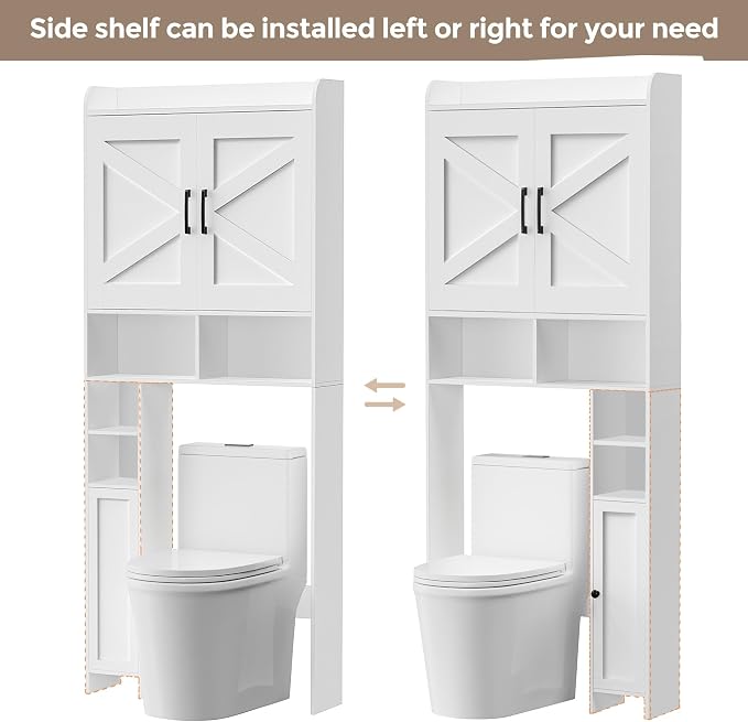 Homhedy Over The Toilet Storage Cabinet, White | 2 Barn Door, Toilet Paper Holder Stand, Freestanding Toilet Shelf, Space Saver, for Bathroom, Restroom, Laundry