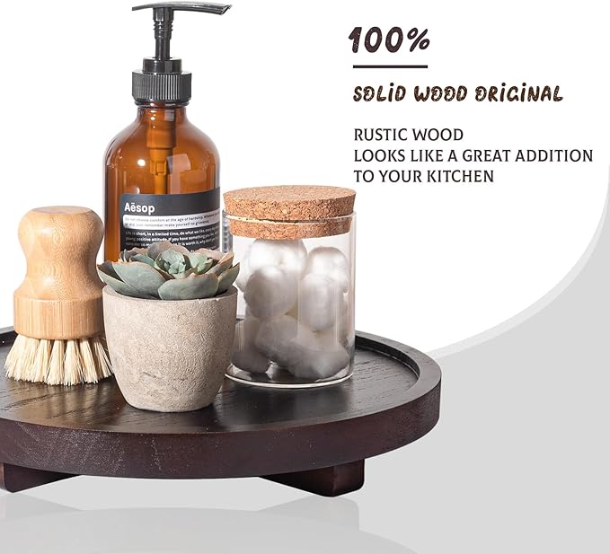Round Decorative Tray Wood Bathroom Counter Organizer Farmhouse Kitchen Decor Wooden Riser for Soap Dish, Perfume, Candle, Sponge, 10" - Walnut