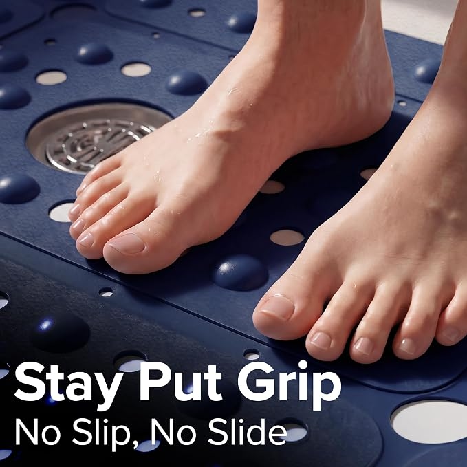 SlipX Solutions 27" Oversize Square Shower Mat, Non-Slip Mat for Elderly & Kids, 100+ Power Grip Suction Cups for Smooth Surfaces, Machine Washable, Solid Navy Blue