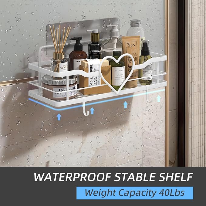White Shower Caddy with 4 Removable Hooks, 2 Pack Sweet Heart Shower Shelves,No Drilling Adhesive Organizer Shelf for Bathroom Shower,Kitchen,Bedroom