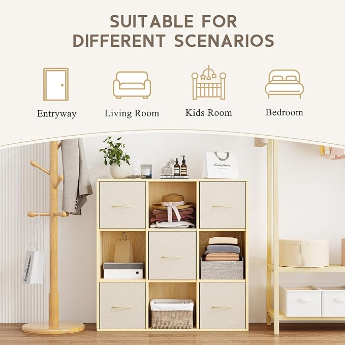 EXPERLAM 9 Cube Storage Organizer - Solid Wood Bookshelf with 5 Storage Bins, Cube Shelf with 3 Removable Back Panels, Vertical or Horizontal Bookcase, Open Book Shelf for Bedroom, Living Room, Office