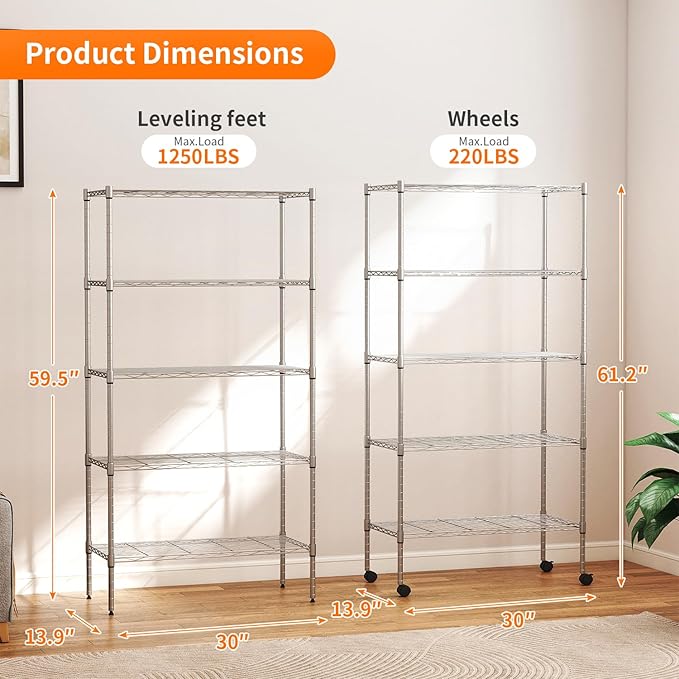 BestOffice | 5-Tier Wire Storage Shelves with Wheels | 14 x 30 x 61 | Chrome | with Adjustable Racks | Heavy-Duty Metal Shelf, Holds Upto 1250 lbs | No-Tool Assembly | Ideal for Home & Garage Shelving