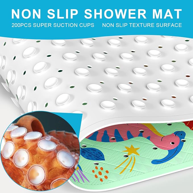 XIYUNTE Baby Bath Mat for Tub Non Slip Kids, BPA Free Extra Long Bathtub Mat 40x16 with Drain Holes and 200 Suction Cups, Non Toxic Machine Washable Toddler Bath Mat, Eco-Friendly Certified
