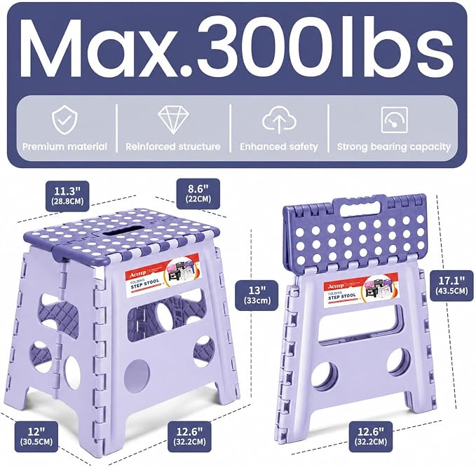 ACSTEP 13 Inch Folding Step Stool,Foldable Step Stools for Kids and Adults 300 LB Capacity, 300 LB Capacit Suitable for Kitchen Fishing (Purple)