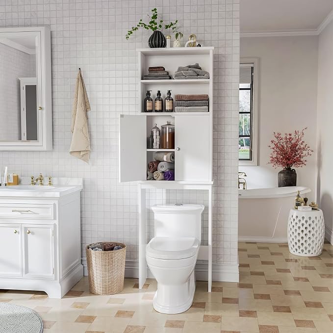 Over the Toilet Storage Cabinet for Bathroom, Extra Tall Over Toilet Storage, Space Saver W/Adjustable Shelf & Open Storage Shelf, 75in, White