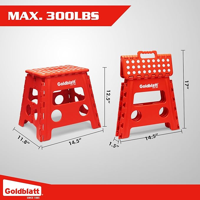 Goldblatt 12.5" Folding Step Stool 1-Pack for Adults and Kids, Lightweight Heavy-Duty Plastic Portable Foldable Stool with Non-Slip Top and Anti-Skid Feet, 300 lbs Capacity, Kitchen & Bathroom, Red
