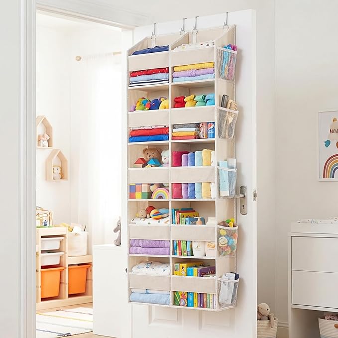 2 Pack Over the Door Organizer 5 Tiers, Extra Large Behind Door Storage of 10 Compartments, 80 lbs Weight Capacity Over Door Organizer, Door Hanging Organizer for Closet, Diaper Organizer, Beige