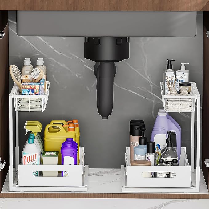 Ceetug Under Sink Organizers and Storage 2 Tier Slide Out Kitchen Cabinet Organizer Sturdy Metal Bathroom Storage (White, 2 Pack)