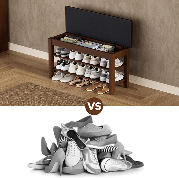 Homleke Shoe Rack Bench with Flip-Top Storage, Solid Wood Entryway Bench with Cushion, Adjustable Shelf, for Hallway, Mudroom, Closet – Walnut, 31.5"