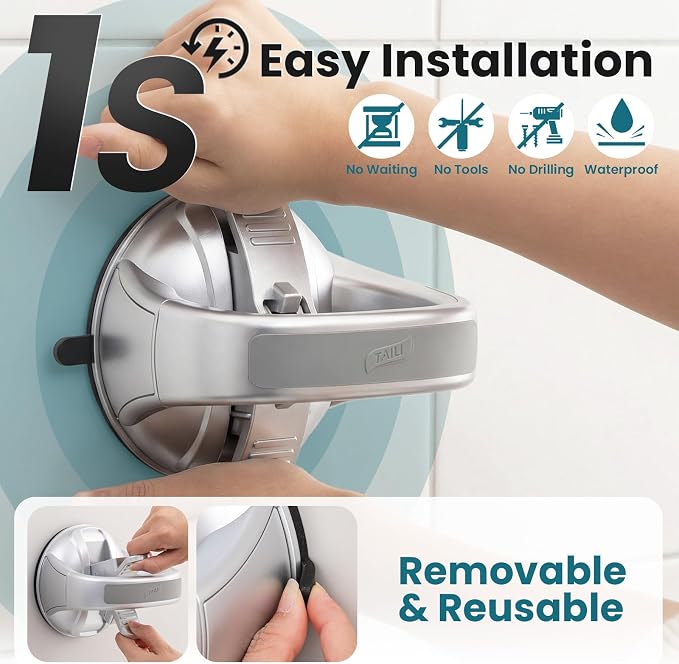 TAILI Grab Bars for Bathtubs and Showers,2 Pack Shower Handles for Elderly Suction,Shower Bar with Upgraded Rubber Suction Cups,Safety Grip for Senior, No Drilling Removable Waterproof, Silver
