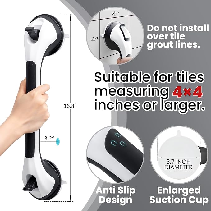 TAILI Shower Grab Bar Glow in The Dark, 16.8 in Grab Bars for Bathtubs, Shower Handles Bath Rails for Seniors and Elderly, Bathroom Safety Grip Removable No Drilling Waterproof Black,G9