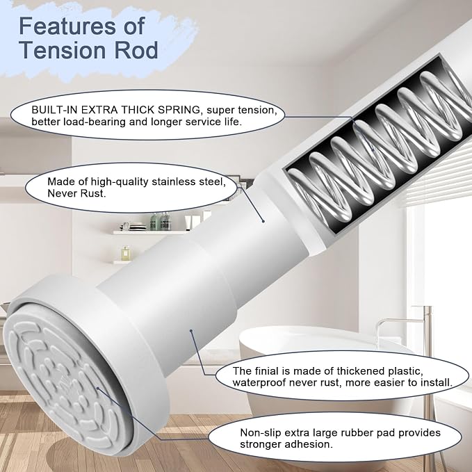 YNL White Shower Curtain Rod 32-94 Inch(2.7-7.8ft), Non-Slip, Never Rust, Stainless Steel No Drill Spring Tension Shower Rod, Adjustable Long Curtain Rod for Bathroom Window Patio