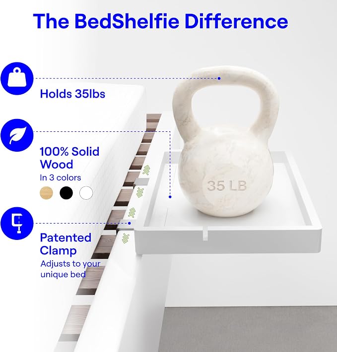 BedShelfie Wood Bedside Shelf for Bunk Bed & Top Bunk, College Dorm Room Essentials, Loft Nightstand, Floating Bed Side Table Tray Storage, Dorm Room Decor By Smallish - (DormEssential Wood, White)