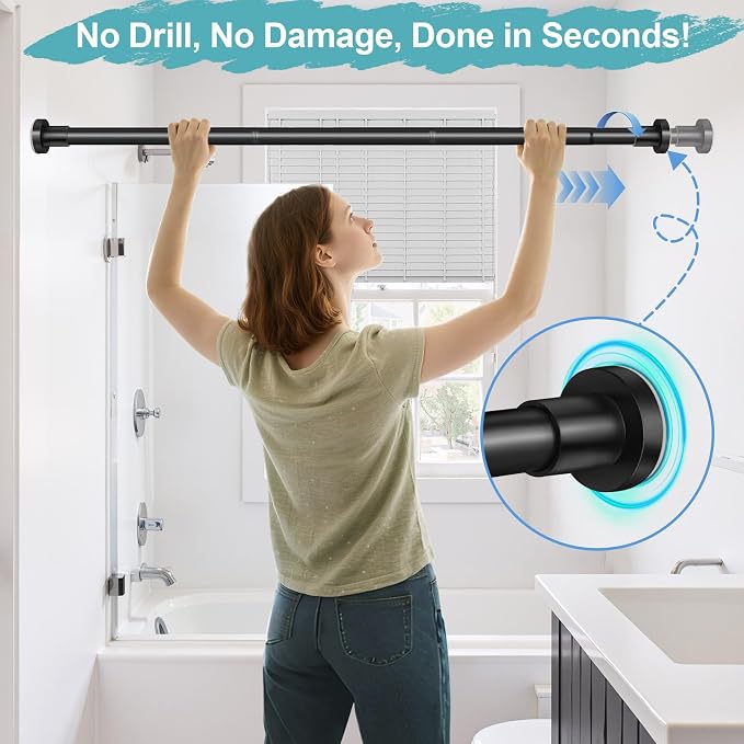 YNL Black Shower Curtain Rod 32-64 Inch(2.7-5.33ft), Non-Slip, Never Rust, Stainless Steel No Drill Spring Tension Shower Rod, Adjustable Curtain Rod for Small Window Doorway Closet