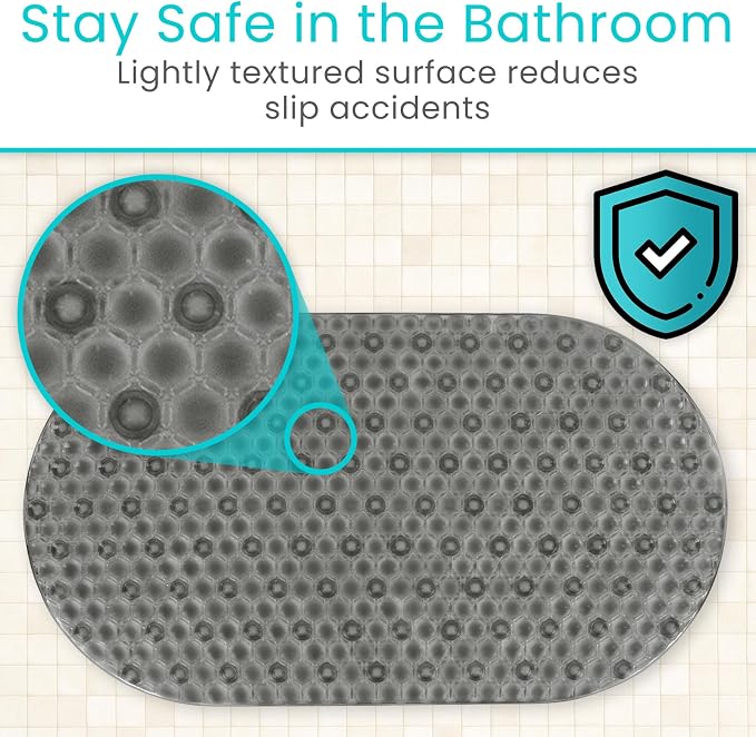 Vive Oval Bathtub Mat - Nonslip Shower Floor Pad - Non-Slip and Non-Skid for Bath Tub with Strong Rubber Suction Cup Grip - for Baby, Elderly, Kids, Bathroom (Gray)