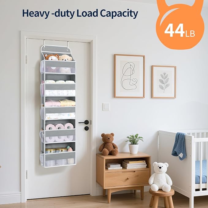 Yecaye Over The Door Organizer Storage, 5-Tier Heavy Duty Door Organizers Hanging with 10 Side Mesh Pockets, 44 lbs Load Capacity Behind Door Storage for Bathroom Nursery Bedroom Dorm Closet,Grey,1Pc