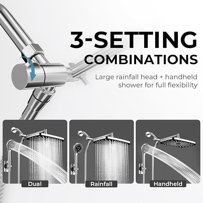 Wide Rain Shower Head With 5 Modes Handheld Showerheads, High Pressure Showerhead Combo with Extension Arm for Bathroom Accessories, Adjustable Shower Head with Anti-Clog Nozzles (Chrome)