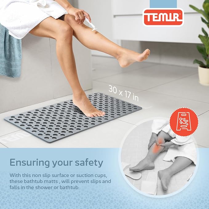 TEMIR Non Slip Bathtub Mat for Shower — Anti Skid Safety Mat with Strong Suction Cups, Quick Drain Holes, Machine Washable, Soft Bathroom Mat for Elderly & Kids, 30x17 in (75x43 cm) Gray