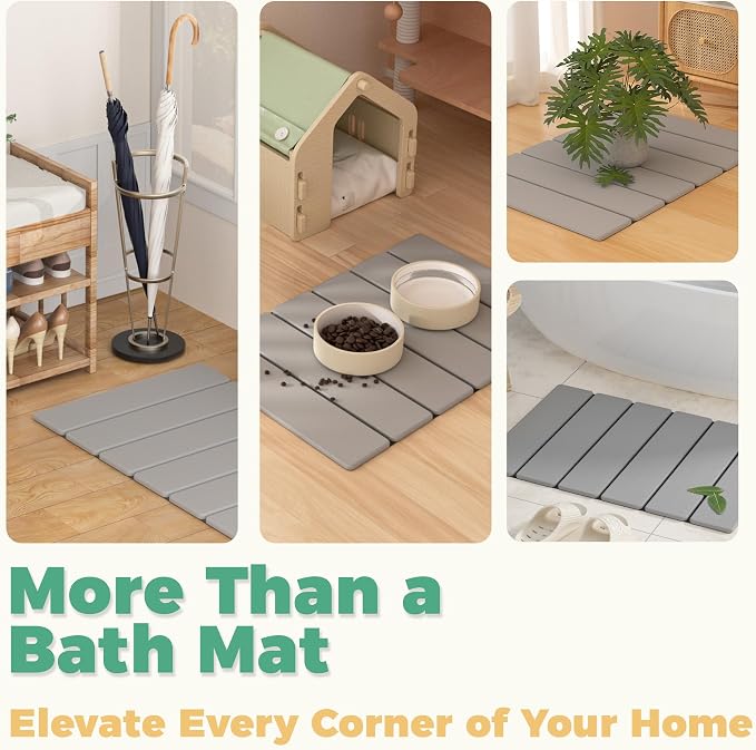 SYIPO Stone Bath Mat - Non-Slip Foldable Diatomite Bath Mat 23.6 x 15.3”, Super Absorbent & Quick Drying Bathroom Mat | Easy to Clean Shower Floor Mat, Light Gray