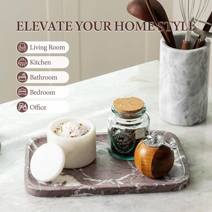 Koville Marble Tray, 12"x8" Marble Vanity Tray for Countertop Bathroom Kitchen Dresser, Decorative Catchall Trays for Perfume Jewelry, Rectangular Stone Serving Tray(Purple)