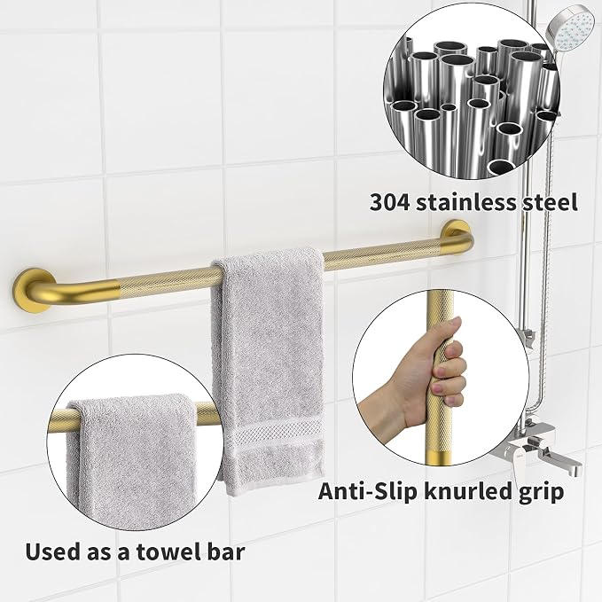 Brushed Gold Grab Bar 36 Inch, iHansee Anti-Slip Bathroom Grab Bar w/Knurled Grip, Stainless Steel Safety Handrail for Toilet Bathtub Stair, Wall Mounted Shower Handle Handicap Bars for Senior Elderly