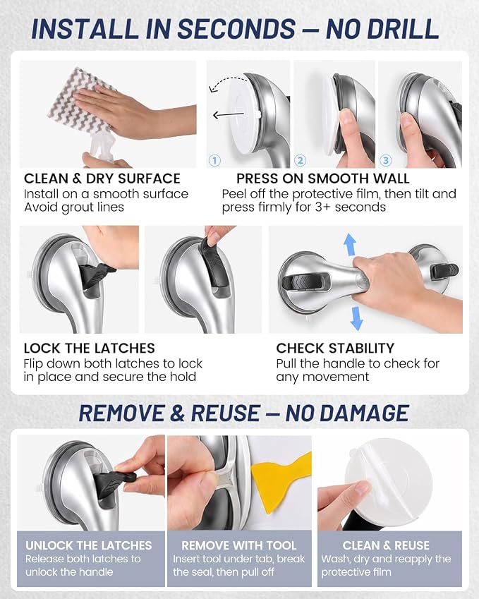 2 Pack Gel-Enhanced Shower Grab Bars for Seniors and Elderly, Heavy Duty Suction Safety Bars for Bathtubs and Showers, No Drilling Removable Bathroom Handles for Tub and Shower Support