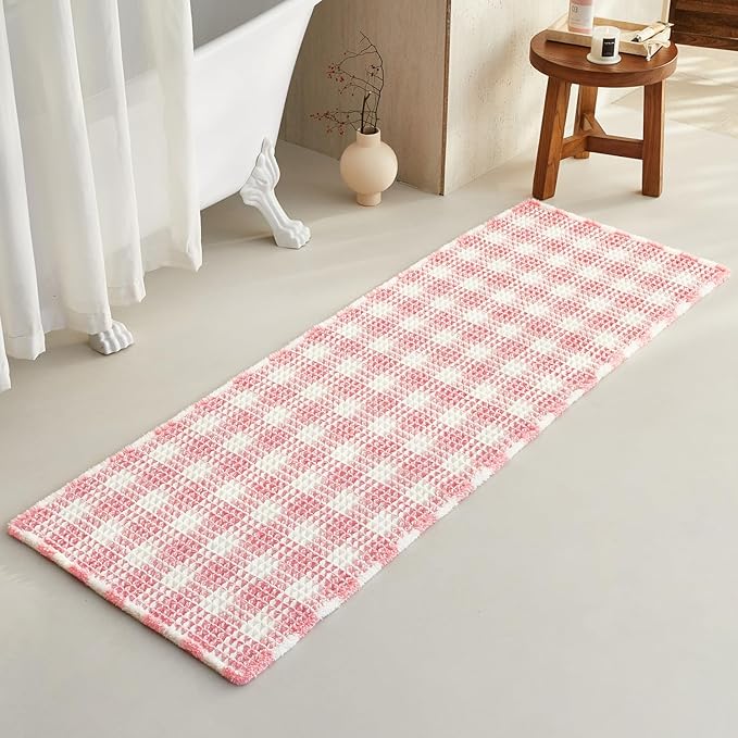 TYUU Waffle Runner Rug Bathroom, Long Boho Bathroom Rugs Non Slip Washable Absorbent Checkered Bathroom Mat Quick Dry Cute Bath Mat, 60"x24" Pink and White
