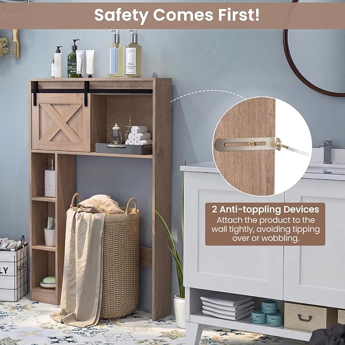 Giantex Over The Toilet Storage Cabinet - Freestanding Bathroom Organizer with Sliding Barn Door & Storage Shelves, Multifunctional Bathroom Toilet Rack for Bathroom, Restroom, Laundry (Rustic Brown)