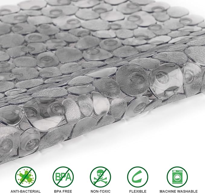 WELTRXE Pebbles Bathtub Mat Non Slip Oval Shower Mat with Suction Cups, Drain Holes, 27 x 14 Inch Plastic Bathroom Tub Mats Machine Washable, BPA, Latex Free Safety Mat for Bath Tub, Clear Gray