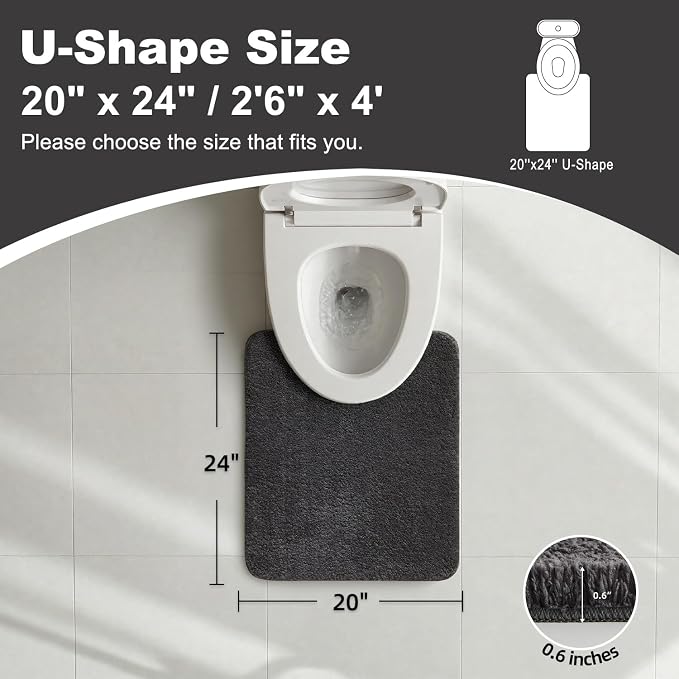 TYUU Toilet Rug, Ultra Soft Toilet Rugs U Shaped Machine Washable Non Slip Absorbent Quick Dry Toilet Mat with Rubber Backing, Dark Grey 20" x 24" U Shape