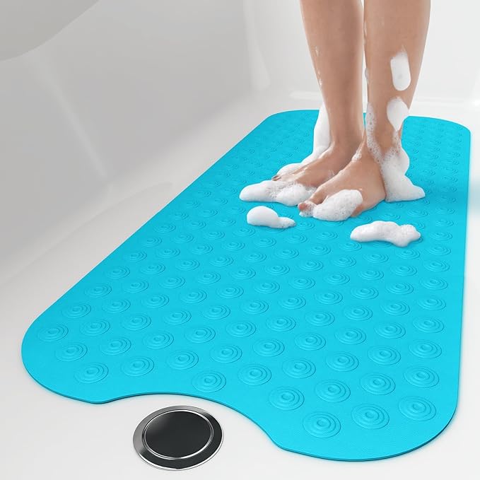 OTHWAY No Suction Cup Bath Mat: 39x16 inch Extra Long Bathmat│Perfect for Refinished or Ordinary Bath Tubs│Made of Nature Rubber│a Blessing for the Elderly and Children (Blue)