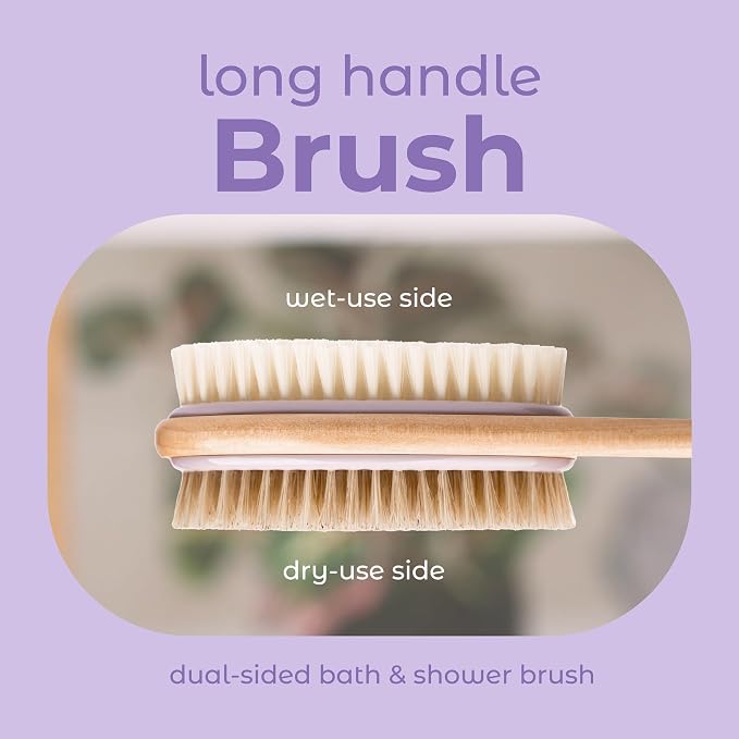 MainBasics Back Scrubber Shower Brush Long Handle Dual Sided Body Brush with Exfoliating Soft Bristles for Back Scrubbing Deep Cleaning and Body Wash (Lavender)