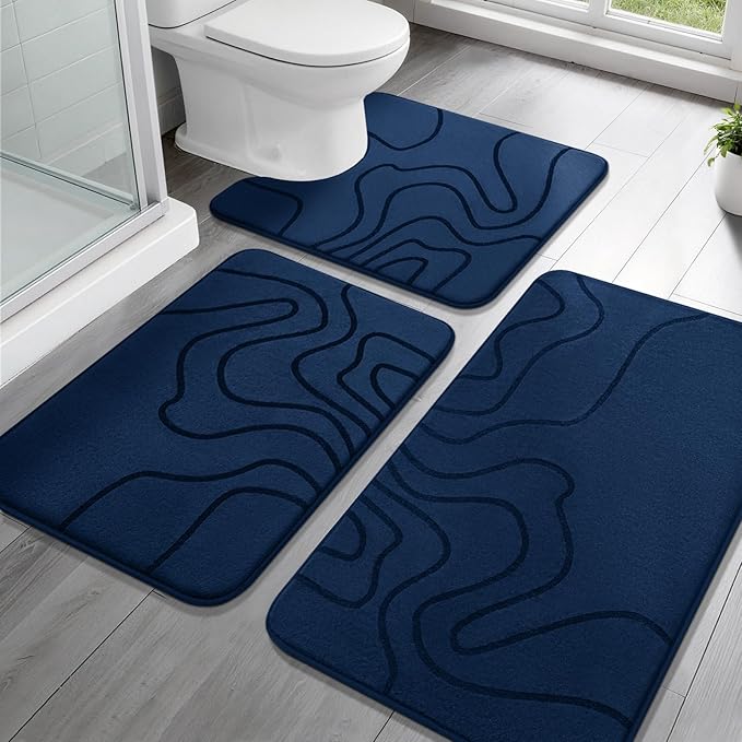 YIHOUSE Memory Foam Bathroom Rugs Sets 3 Piece - Extra Thick Ultra Soft Absorbent Bath Mat Set, Non-Slip Machine Washable Bath Rugs for Bathroom, Tub & Shower, Home Decor Accessories, Dark Blue