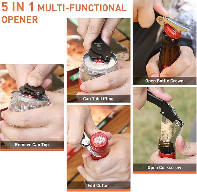 ikkle Topless Manual Soda Can Opener with Smooth Edge, 5-in-1 Multifunction Aluminum Pop-Top Can Lid Remover & Ring Pull Opener, Beer Bottle Opener, Wine Corkscrew & Foil Cutter