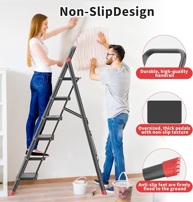 DIAMONDFORGE 6-Step Folding Step Stool Ladder with Handle, Anti-Slip Wide Pedals & Feet, 800lbs Capacity Sturdy Ladder for Home Kitchen Adults, Black Red