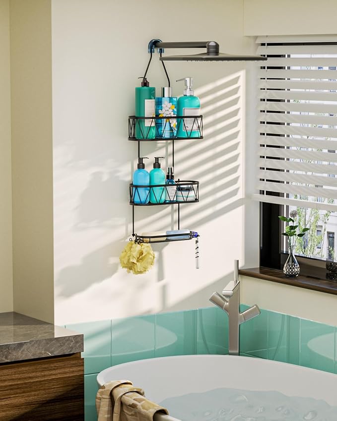 HapiRm Hanging Shower Caddy, Rustproof & Waterproof Shower Organizer with Soap Holder & 4 Hooks, No Drilling Hanging Bathroom Shelf for Bathroom - Black