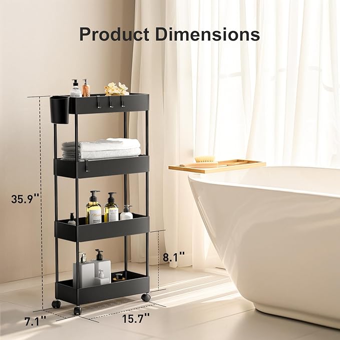 Pipishell Slim Storage Cart with Wheels - Bathroom Cart Organizer Storage, 4 Tier Rolling Carts for Bathroom, Laundry Room, Kitchen, Narrow Space, Black PIUC05