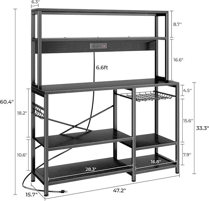 SUPERJARE Bakers Rack with Power Outlet, 47.2 Inches Coffee Bar with 3 Level-Adjustable Open Shelves, Wire Basket, Kitchen Microwave Stand with 6 S-Shaped Hooks, Black