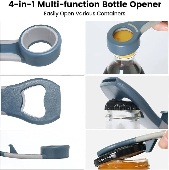 Pop Bottle Opener 4-in-1 Tool Easy Grip for Twist Caps Canning Lids Can Tabs Multifunctional Kitchen Gadget Arthritis Relief Off Jar Plastic Tool (Gray)