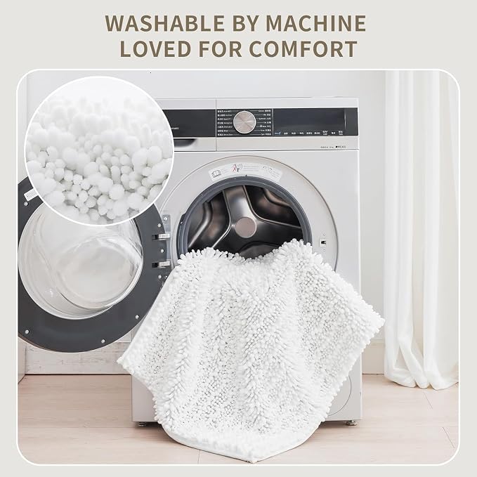 Bathroom Rugs Non Slip Washable 36x24, Extra Thick Soft Chenille Absorbent Bath Mat, High Density Barrier Non Slip Backing, Quick Dry Plush Shaggy Floor Carpet for Tub&Shower, White
