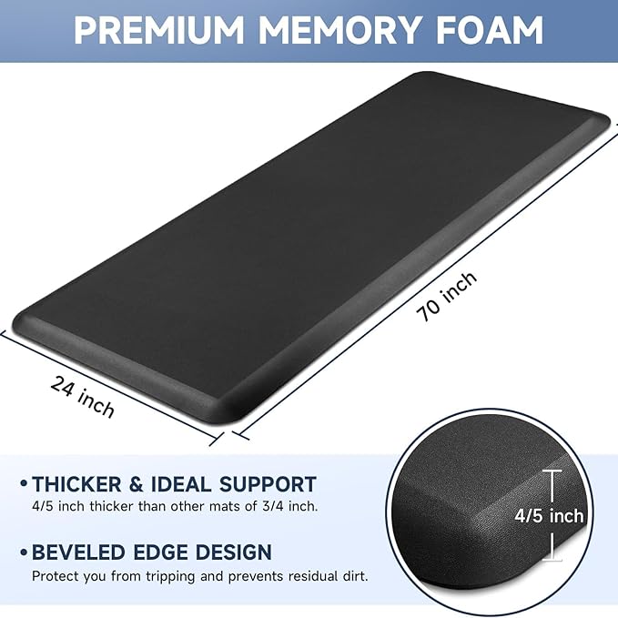 4/5 Inch Thick Kitchen Mats for Floor, StepRite Kitchen Rug for Standing Desk, Non-Slip, Thicker, Stain & Water Resistant, Comfort Anti Fatigue Floor Mat for Home, Kitchen, Office - Black,70 * 24''